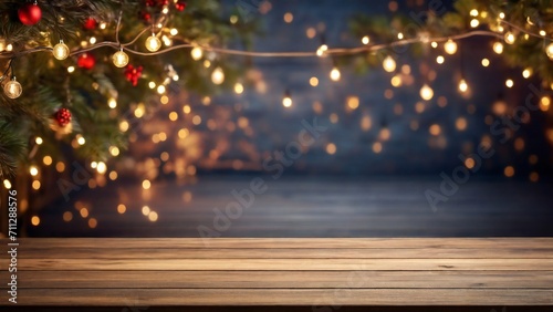 Empty Wood table top with decorative outdoor  lights hanging at night time,	
