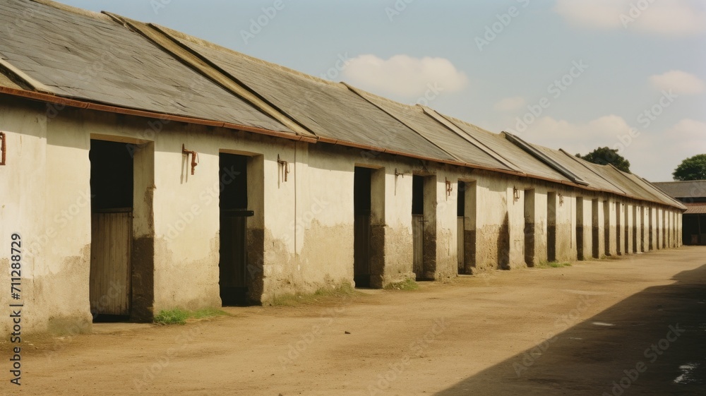 An image of a row of stables, each with a horse poking its head out to greet visitors.