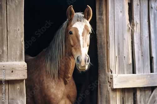 An illustration of a horse peering out from its stable door, with a curious expression. © Oleksandr