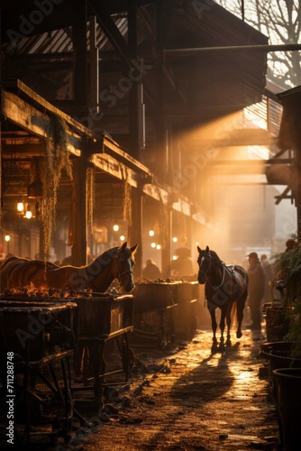 An artistic portrayal of the early morning routine in a stable, with horses awaiting their breakfast.