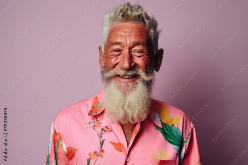 Portrait of an old man with a long white beard and a colorful shirt on a purple background Portrait of an old man with a long white beard and a colorful shirt on a purple background