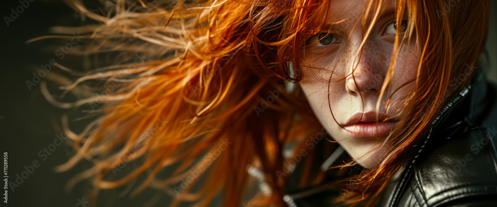 Banner with a beautiful red-haired girl with a serious look, hair fluttering in the wind, advertising hair care and the idea of wanderlust, active lifestyle