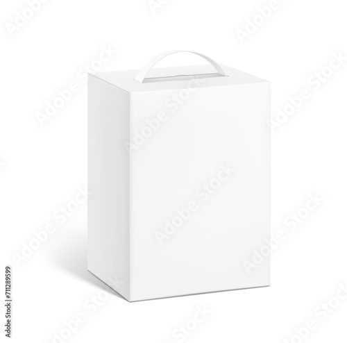 Cardboard bag box with plastic handle mockup. Half side view.  Vector illustration isolated on white background. Ready and simple to use for your design. EPS10.