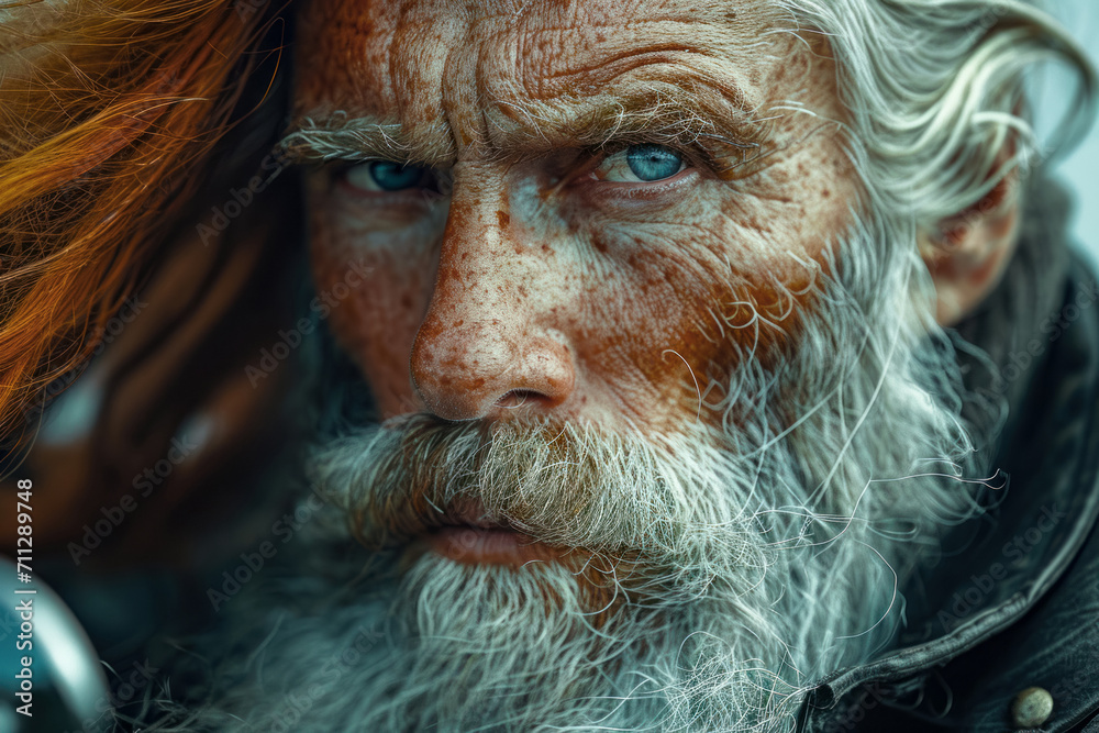 Close up portrait of serious red-haired biker with blue eyes, serious frown, wanderlust, active lifestyle Close up portrait of serious red-haired biker with blue eyes, serious frown, wanderlust, active lifestyle