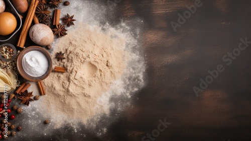 Top view of baking ingredients on wooden background with copy space for text.