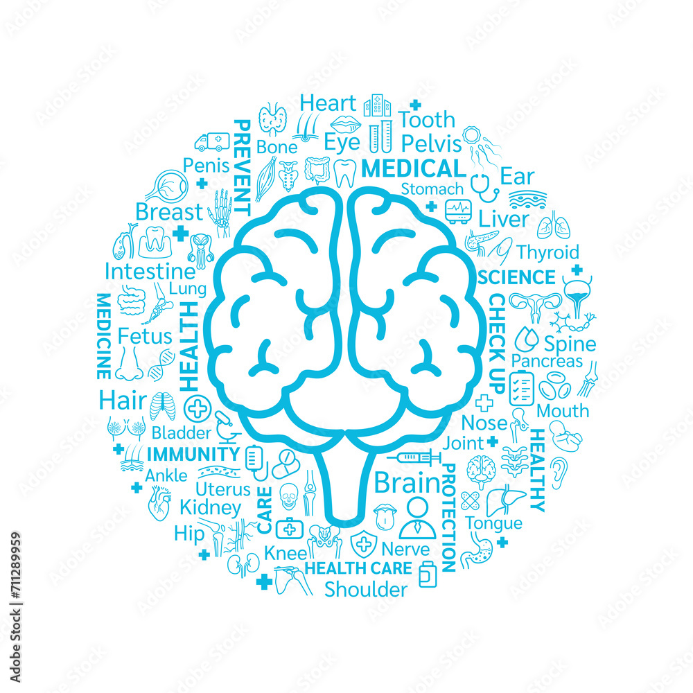 Medical icons and organs are arranged the shape of brain. On white background. Health care concept. Vector EPS10. Medical icons and organs are arranged the shape of brain. On white background. Health care concept. Vector EPS10.