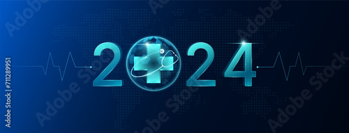Stethoscope surrounds the cross symbol. Medical health care check up 2024 on blue world map background. Banners for medical advertisements. Vector EPS10.