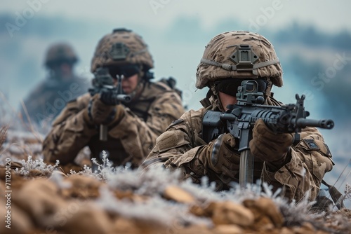 A soldiers shoot from machine guns. Generative AI. photo