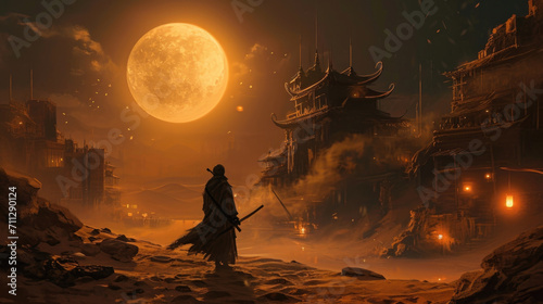 As the moon rose high in the night sky, the swordsmans shadow danced across the sand dunes, his swift movements flickering between the ghostly light of the oil lamps tered Fantasy art photo