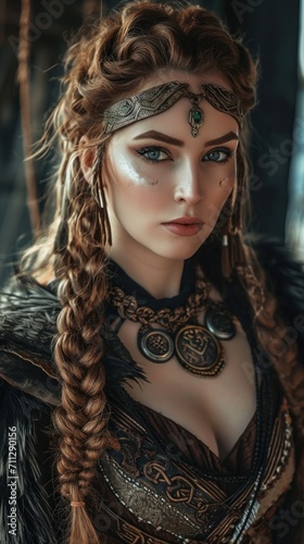 Woman in the Goddess Ancient Norse (Vikings) Beauty Style - Beautiful Goddess Girl Background created with Generative AI Technology