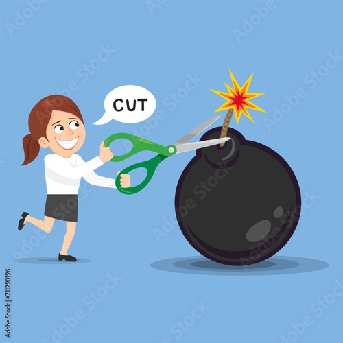 Businesswoman cuts the lit fuse of a bomb with scissors. illustration, vector, cartoon, eps10. 
