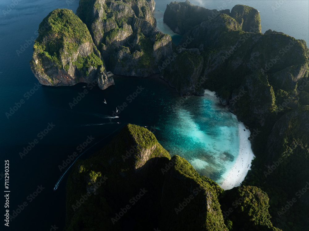 View from above, stunning aerial view of Ko Phi Phi Lee, a ring of steep limestone hills surrounding Maya Bay. Andaman Sea, Krabi, Thailand.