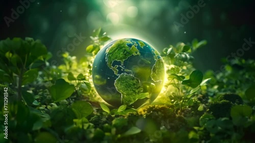 Green earth globe in tropical forest surrounded by plants, green energy concept Generative AI photo