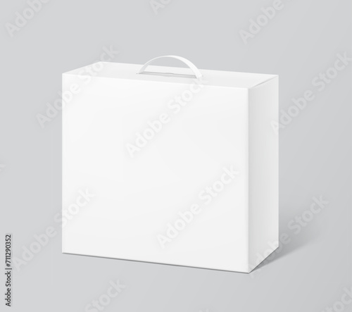 Cardboard bag box with plastic handle mockup. Half side view.  Vector illustration isolated on grey background. Ready and simple to use for your design. EPS10.
