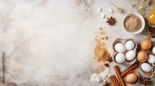 Ingredients for baking on wooden table.