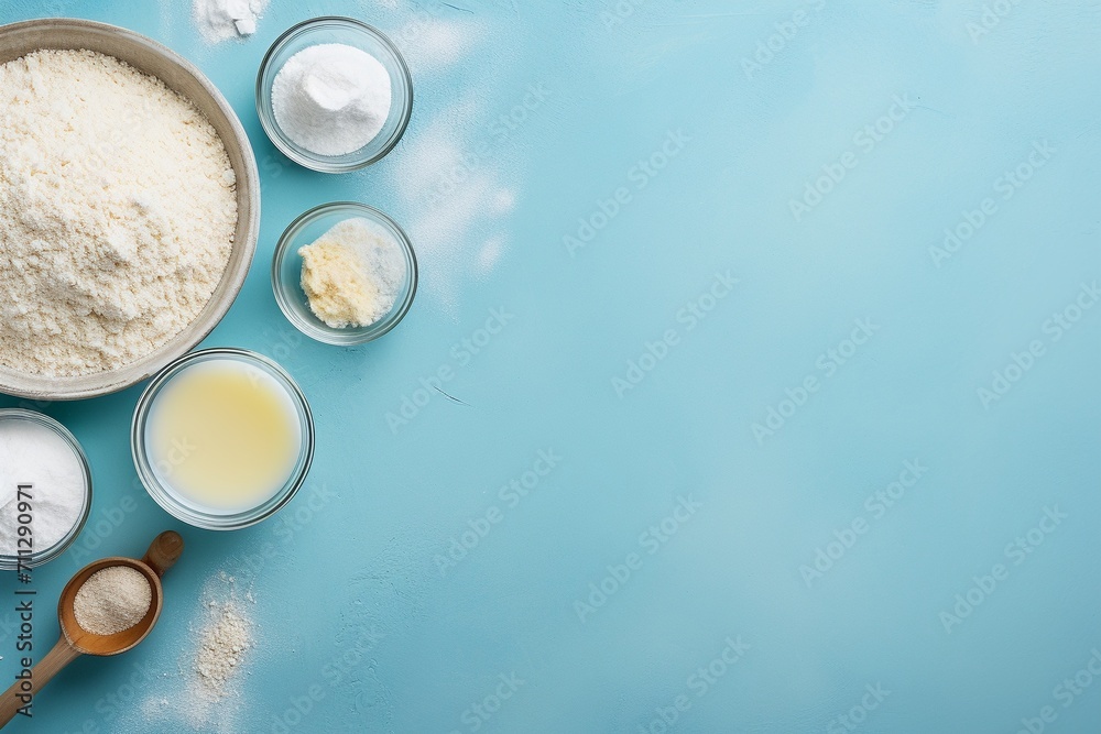 Top view of baking preparation on blue background with space for text. Top view of baking preparation on blue background with space for text.