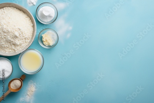 Top view of baking preparation on blue background with space for text.