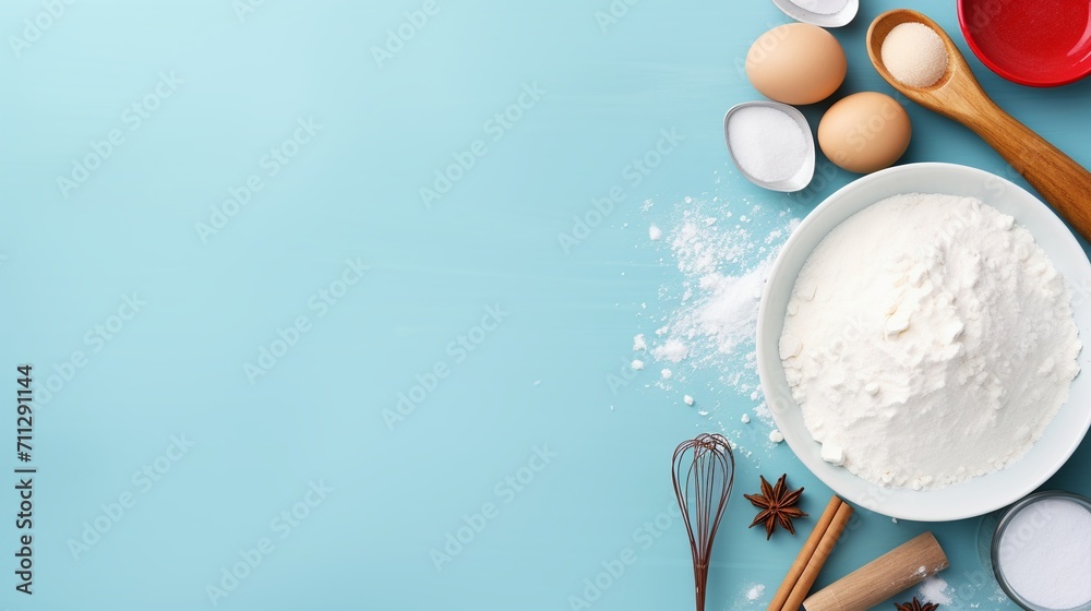 Top view of baking ingredients and utensils on blue background. - obrazy, fototapety, plakaty 