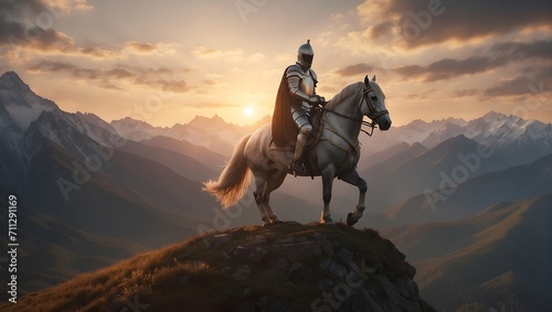 knight on a horse on a high mountain behind peaks, sunset