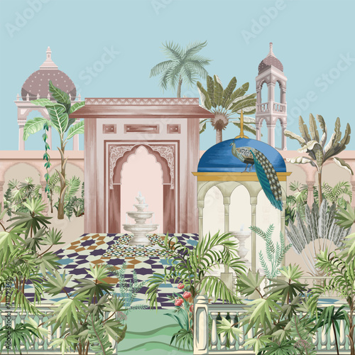 Traditional Moroccan, Islamic Mughal, Persian palace, garden, arch pattern photo