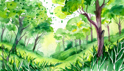 Watercolor Art Painting  Abstract Lushness in Undergrowth Gracefully at Noon