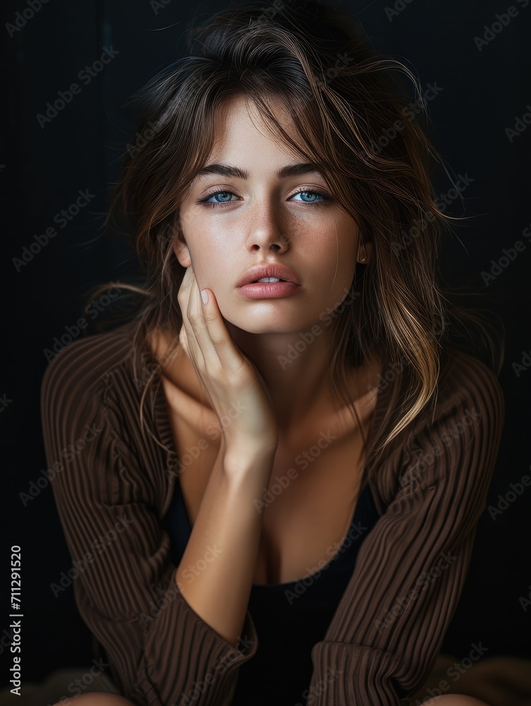 Portrait of a stressed woman on a dark background. Generative AI.