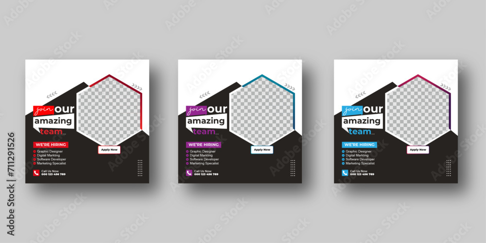We are hiring job vacancies social media posts or square web banner template designs with red blue and purple color variations We are hiring job vacancies social media posts or square web banner template designs with red blue and purple color variations