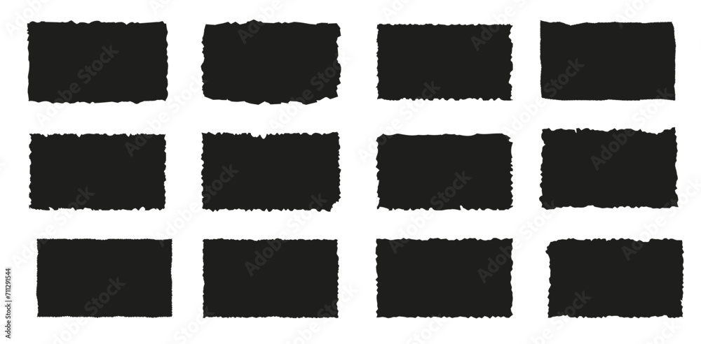 Set of torn paper pieces. Black grunge jagged rectangle frames. Vector torn paper sheet for sticker, collage, banner. Ripped shapes silhouettes isolated on white background. - obrazy, fototapety, plakaty 