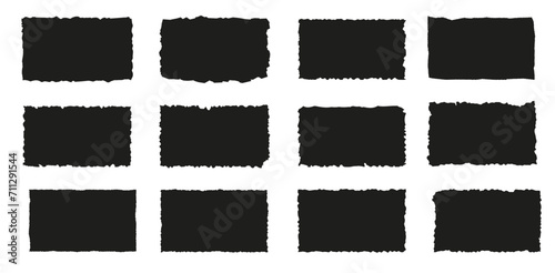 Set of torn paper pieces. Black grunge jagged rectangle frames. Vector torn paper sheet for sticker, collage, banner. Ripped shapes silhouettes isolated on white background. photo