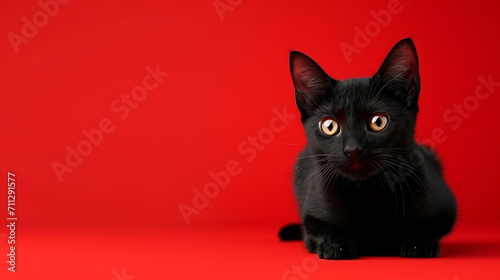 Adorable Cat in Vibrant Red Studio - Playful Pet Photography © Natthaphon