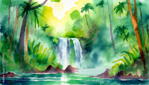 Watercolor Art Painting  Abstract Rainforest Waterfall Mysteriously at Dawn