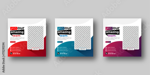 We are hiring job vacancies social media posts or square web banner template designs with red blue and purple color variations 