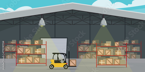 Vector illustration of a beautiful frontal warehouse building. Cartoon scene of a warehouse with street lamps with streams of light, shelves with boxes of goods, a cart.