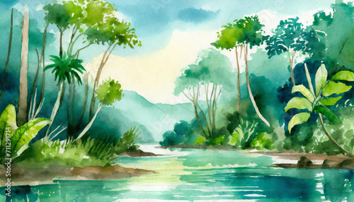 Watercolor Art Painting: Enigmatic Rainforest Ethereally on Riverbank in Afternoon