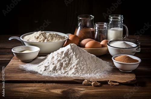 Raw material for baking on wooden background.
