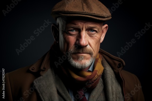 Portrait of a senior man wearing a hat and coat. Studio shot.