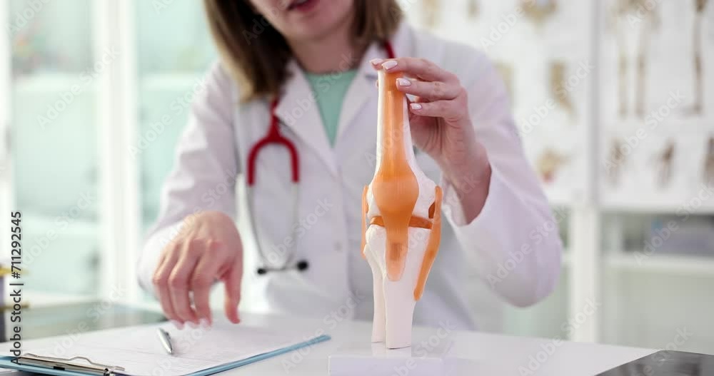 Professor traumatologist showing work of human knee joint on anatomical model in clinic closeup 4k movie slow motion. Diagnosis and treatment of diseases of bone system concept Professor traumatologist showing work of human knee joint on anatomical model in clinic closeup 4k movie slow motion. Diagnosis and treatment of diseases of bone system concept
