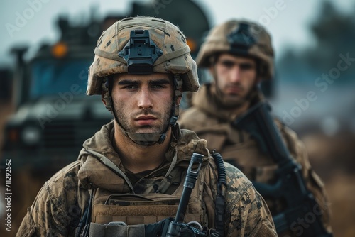 A soldier standing near military equipment. Generative AI.