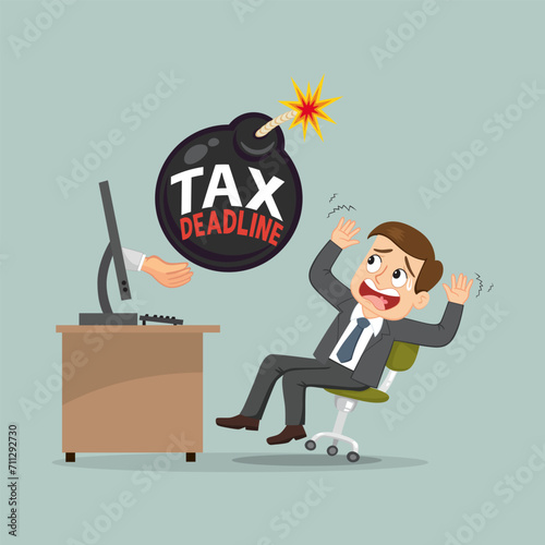 Businessman shocked with tax bomb in front of him.Business concept businessman and tax. illustration, vector, cartoon, eps10. 