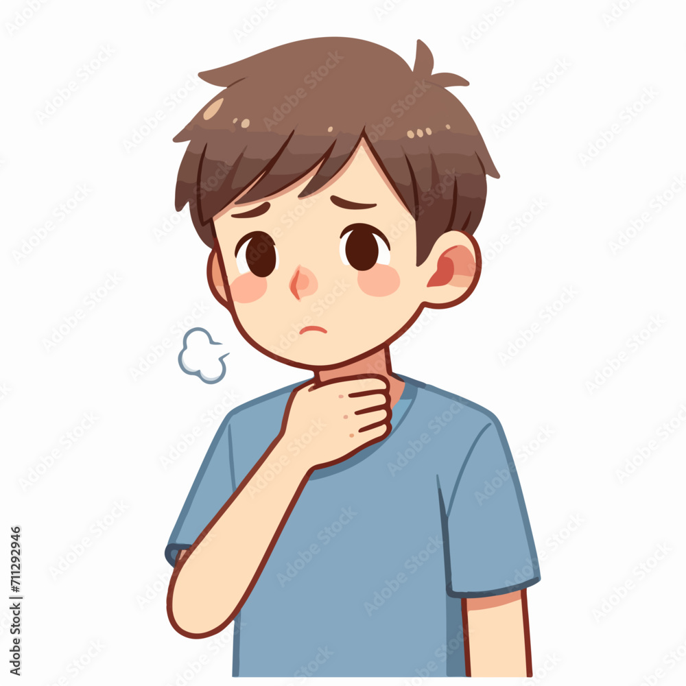flat design illustration of a young boy with brown hair and a worried expression clutching his throat as if coughing or choking