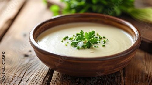 Homemade Creamy Cauliflower Soup in a Ceramic Bowl Garnished with Parsley, Comfort Food Concept