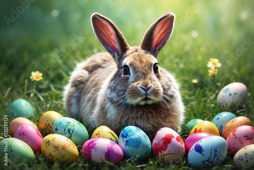 easter bunny with eggs, traditional decoration, fluffy amimal, design for greetings