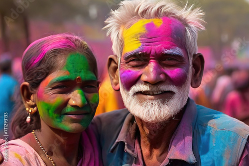 Colorful Holi Festival, traditional Indian Holi festival of colors, portrait of a man and a girl at the Holi Festival of Colors