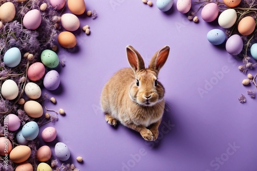 easter bunny and easter eggs on colorful purple background