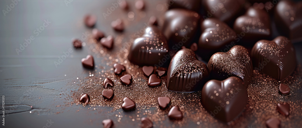 Festive background with chocolate hearts. Generative AI. Festive background with chocolate hearts. Generative AI.