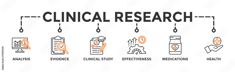 Clinical research banner web icon vector illustration concept with icon of analysis, evidence, clinical study, effectiveness, medications and health Clinical research banner web icon vector illustration concept with icon of analysis, evidence, clinical study, effectiveness, medications and health