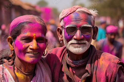 Colorful Holi Festival, traditional Indian Holi festival of colors, portrait of a man and a girl at the Holi Festival of Colors