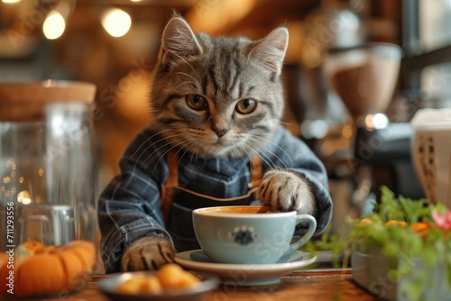 Cute Cat as barista and espresso machine at cafe. Generative AI