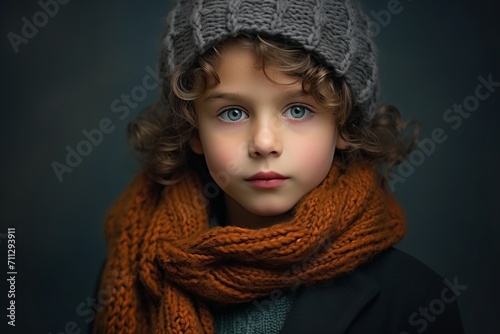 Portrait of a beautiful little girl in a warm hat and scarf.