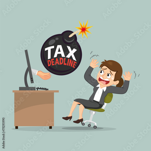 Businesswoman shocked with tax bomb in front of her.Business concept businesswoman and tax. illustration, vector, cartoon, eps10.